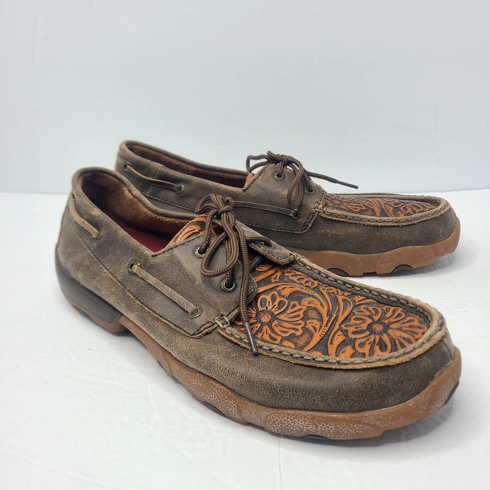 Twisted X Mens Brown Leather Floral Embossed Driving Mocs Boat Shoes 11.5 M